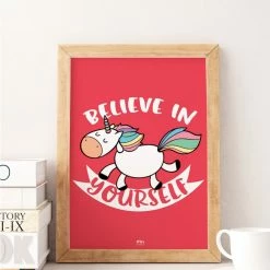 My Name is Mir Believe In Yourself Unicorn Red Rainbow Kids Room Wall Print A3
